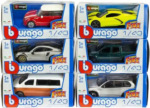 4893993300006 lot de 6 Burago Die Cast Auto 1:43 assortis Street Fire Série C 13x6x5,5 cm – Grossiste voitures miniatures Burago