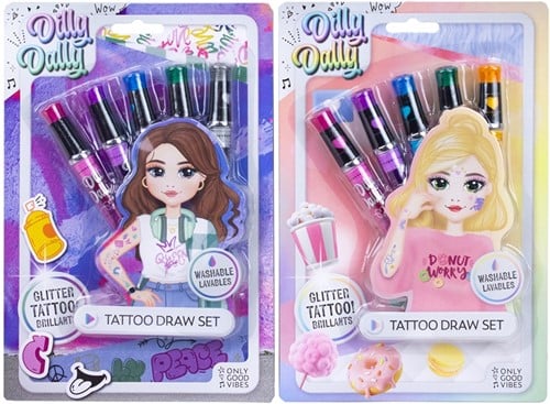 8721077561011 | Lot de 2 pcs : Dilly Dally Tattoo Draw Set avec 5 Stylos Gel Tattoo et 2 Pochoirs 17,5x25cm – Activité Créative