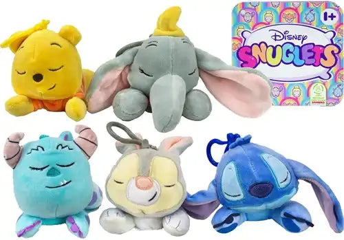 5056219094588 – Colis de 12 pcs : Disney Snuglets – Peluches Bagclip 5 modèles assortis 12 cm – Produits officiels