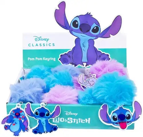 8721077563350 – Colis de 12 pièces – Vente en gros Disney Stitch Porte-clés peluche pompon 7 cm + pendentif plastique 6 cm – dispo Simcha.fr