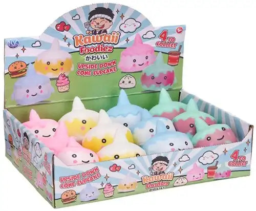 5038104657986 – Lot de 12 pcs Kawaii Foodiez Squishy Upside Down Cone Cupcake 8 cm 4 assortis en display – Grossiste jouets anti-stress