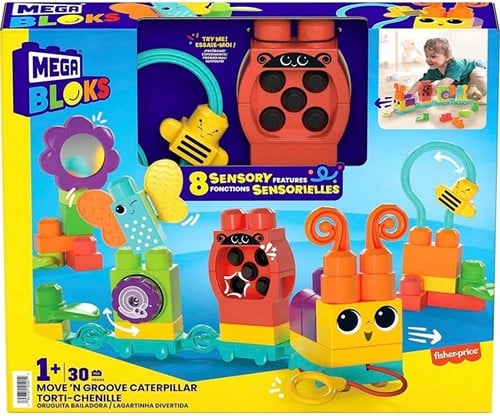 194735105014 – Mega Bloks Move 'n Groove Caterpillar 29x35,5 cm – Giocattolo sensoriale per bambini 30 blocchi