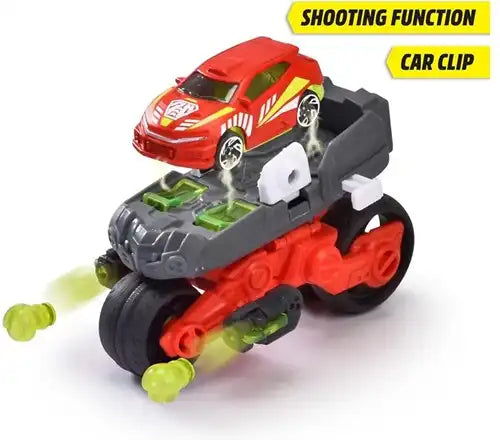 4006333082405 – Colis de 1 pc Simba Véhicule Die-Cast Drone Bike 10,5×20 cm – Moto transformable avec fonction de tir – Jouet officiel Simba
