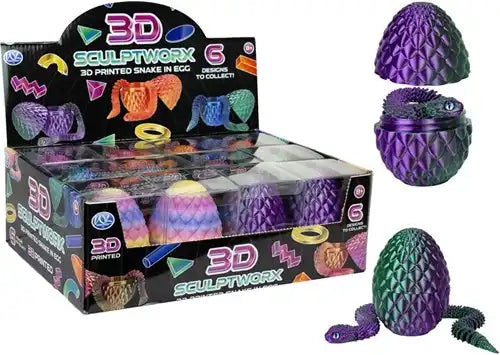 5038104659706 – Colis de 12 pièces : 3D Printed Serpent 30 cm dans un œuf 8 cm – 6 assortis en display