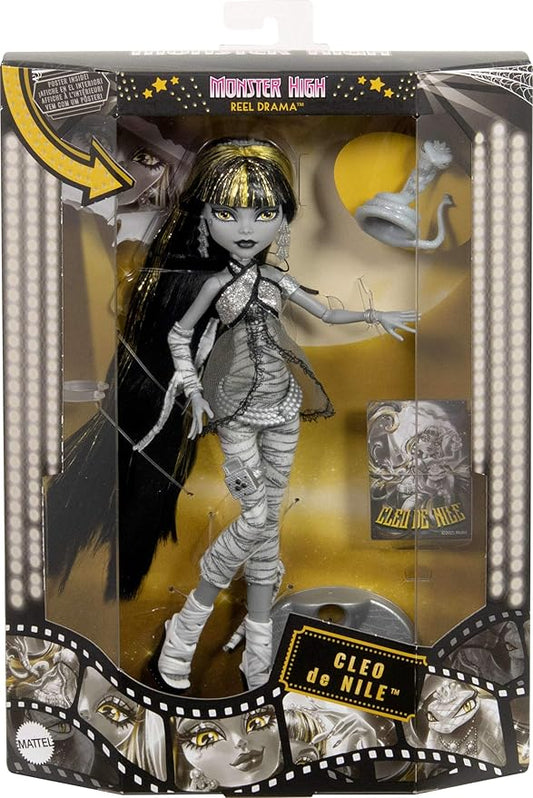 Monster High – Cleo De Nile Reel Drama (JDR65) officielle pas chère : poupée noir & blanc à collectionner + mini-affiche & affiche grand format