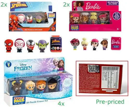 34574001351000001000 – Lot de 8 pcs Barbie / Frozen / Spiderman Puzzle Palz 3D Gomme Casse-tête 5-Pack 3 assortis 14,5x23,5cm – Grossiste jouets et papeterie