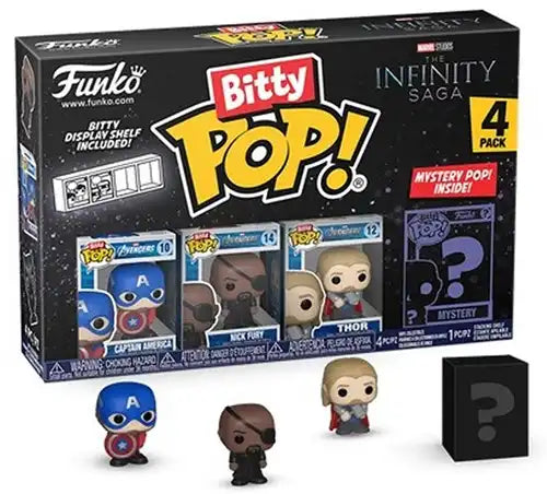 889698715034 – Bitty POP! Marvel Captain America 4-Pack 9,5 × 14 cm (lot de 3) – mini-figurines 2,5 cm avec étagère – Infinity Saga