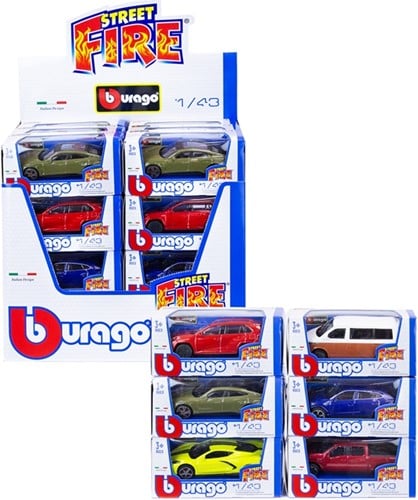 4893993300006	colis de 24 pcs : Burago Die Cast Voitures 1:43 10 assortis Street Fire Serie G 13x6x5,5cm in display (24)