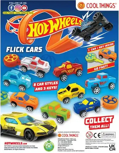 8053306200164 – Capsules 50 mm Hot Wheels Flick Cars avec clé de lancement – Colis de 20 pièces