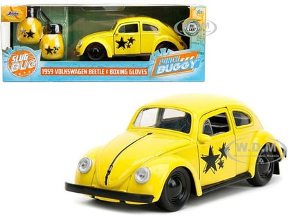 801310342381 | Die-Cast Punch Buggy '59 VW Beetle avec Gants – Jaune – Échelle 1/32 – 7,5x20cm