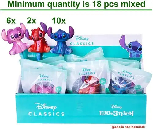 8721077565897 – Colis de 18 pcs : Disney Lilo & Stitch Squishy Pencil Topper 5,5 cm (3 assortis) en giftbag 10×13 cm – display (18)