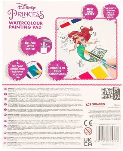 5056356785363 – Disney Princess Watercolour Painting Pad 16,5x20cm (colis de 3 pcs) dispo Simcha.fr
