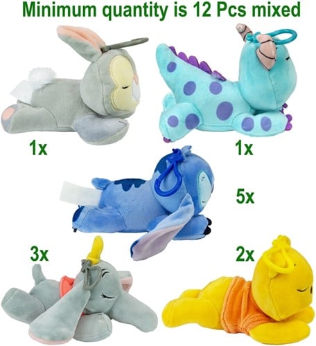 5056219094588 Carton 12x Disney Snuglets Peluche Bagclip 12cm 5 assortis