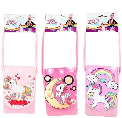 8714627319569 – Colis revendeur 24 pcs – Sac bandoulière peluche licorne DREAM HORSE 4 assortis 11×17 cm – Déstockage accessoires enfants grossiste