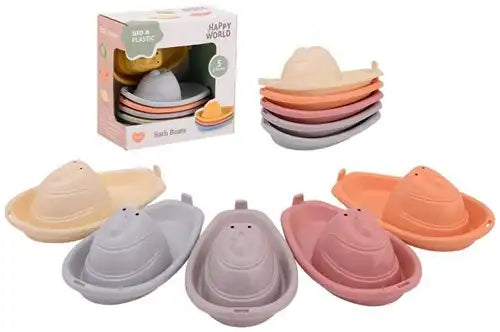 8711866222834 – Set 5 bateaux de bain HAPPY WORLD en bio-plastic 15×8×15 cm – Jouet bain bébé – Déstockage jouets grossiste