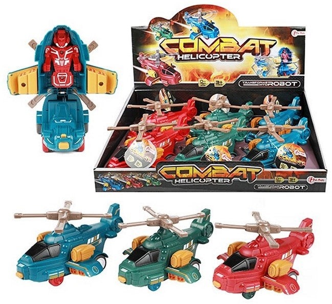 Hélicoptère de combat Robot + friction 3 assortis en présentoir (6) 12x17cm