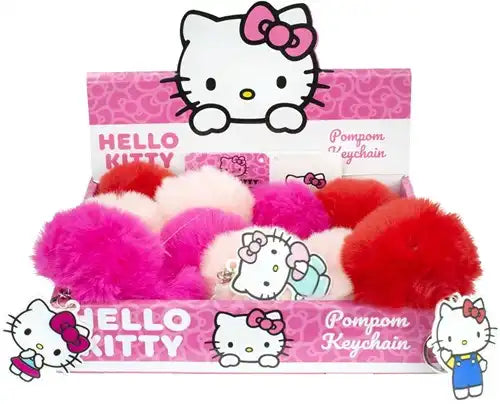 8721077563381 – Hello Kitty porte-clés pompon peluche 7cm + pendentif 6cm (colis 12 pièces assorties en display)