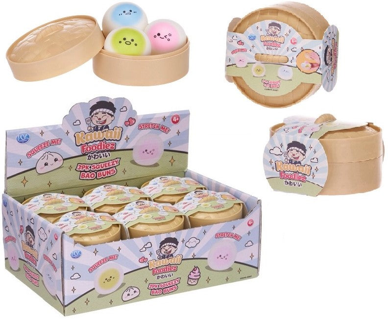 Kawaii Kuties Squeezy Bao Buns 3-Pack assortis in display