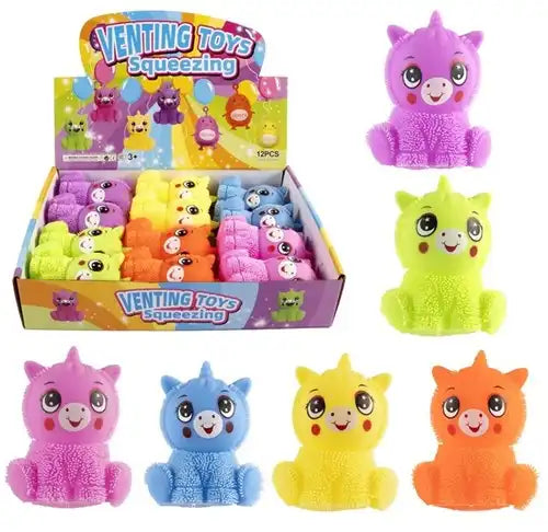 Colis de 12 pièces – 8720847742414 – Vente en gros Licorne gonflée à presser 12 cm, 6 couleurs assorties en présentoir