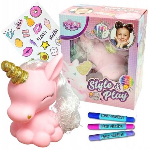 5056219093055 Licorne Style &amp; Play Lumineuse 20x24cm + Craies Cheveux &amp; Stickers Neuf