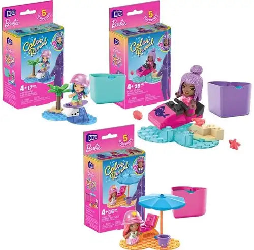 194735074402 – Mega Construx Barbie Color Reveal (lot de 6 boîtes 10,5 × 17,5 cm) – mini-sets surprises à construire