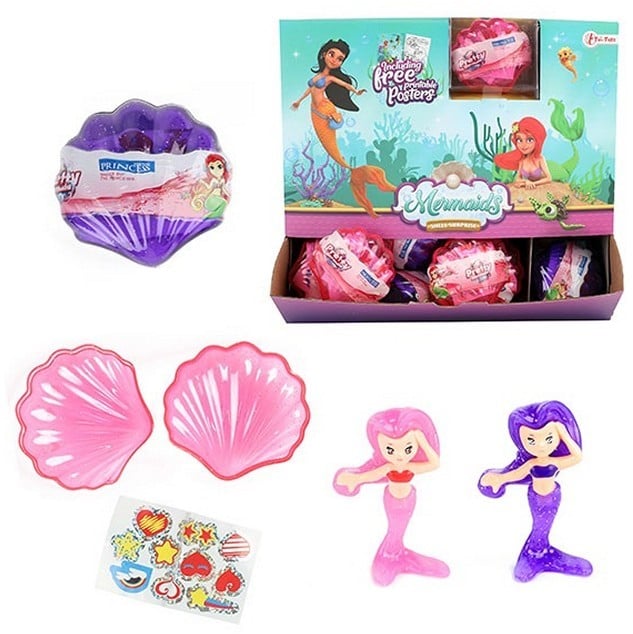MERMAIDS Coquillage rempli de sirène + 4 stickers assortis en présentoir 7x7cm