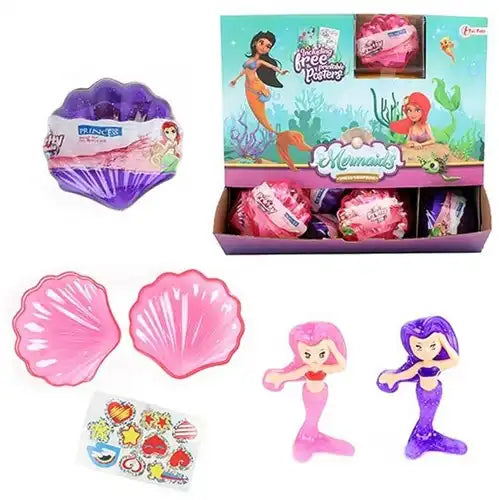MERMAIDS Coquillage rempli de sirène + 4 stickers assortis en présentoir 7x7cm