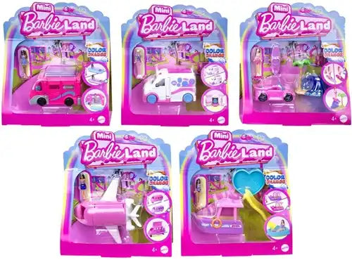 194735245222 – Mini poupée Barbie Land – Playset avec véhicule à changement de couleur – Colis de 6