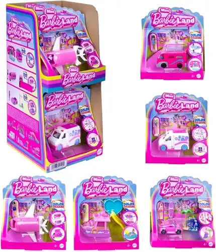 194735245222 – Mini poupée Barbie Land – Playset avec véhicule à changement de couleur – Colis de 6