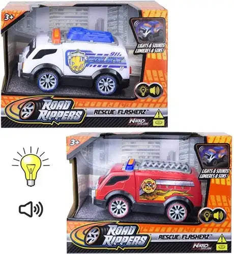 4894716200801 – Nikko Road Rippers Rescue Flasherz avec lumières & sons 2 assortis 12,5x17,5cm (colis de 6 pcs) dispo Simcha.fr