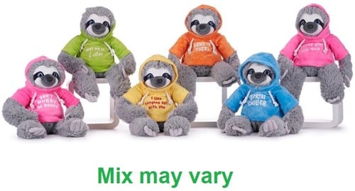 5038104493065	colis de 6 pcs : Peluche Paresseux aux couleurs vives Hoody 6 assortis 25cm