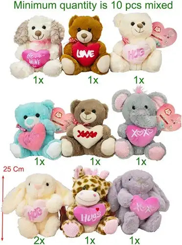 4897065713367 – Colis 10 peluches animaux avec cœur assortis 25 cm