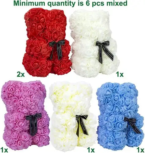 4039214541623 – Lot de 6 pcs Ours en roses avec foulard "Especially for you" 5 assortis 25 cm en emballage – Grossiste décoration cadeaux