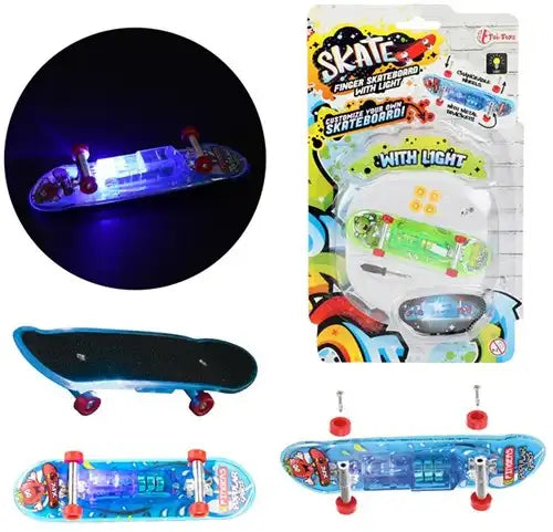 8719904356510 – SKATE Finger Skateboard lumineux avec roues supplémentaires – 3 modèles assortis – Lot de 12