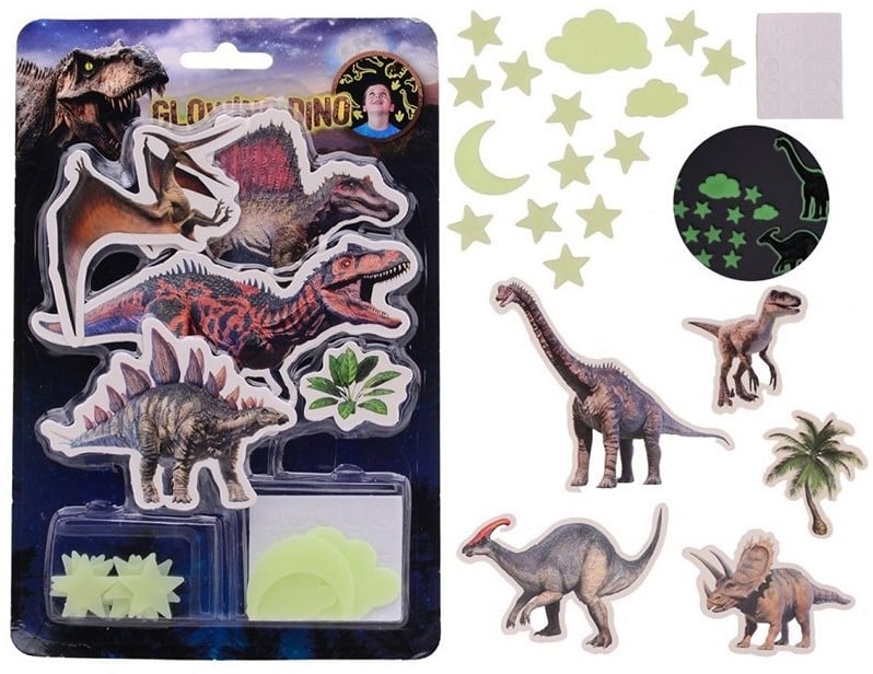 Stickers muraux dinosaures phosphorescents 2 assortis 16,5x1,5x24,5cm