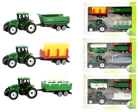 8714627284515 – Lot revendeur 12 pcs Tracteurs 7 cm avec 3 remorques assorties (4 modèles 14×21 cm)