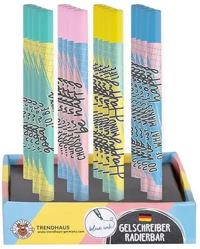 4032722959287 – Trendhaus Stylo gel effaçable avec gomme 15 cm – Colis de 16 pièces assorties en display