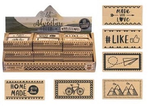 4032722950741	FEV136	lot de 18 pcs : Trendhaus Let the Adventure Begin Tampons en bois 3,5x6,5cm assortis en présentoir (18)