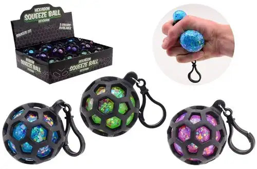 8711866246281 – Hexagon Squeeze Glitter Ball porte-clés balle anti-stress 5x5x5cm (colis 12 pièces assorties en display)