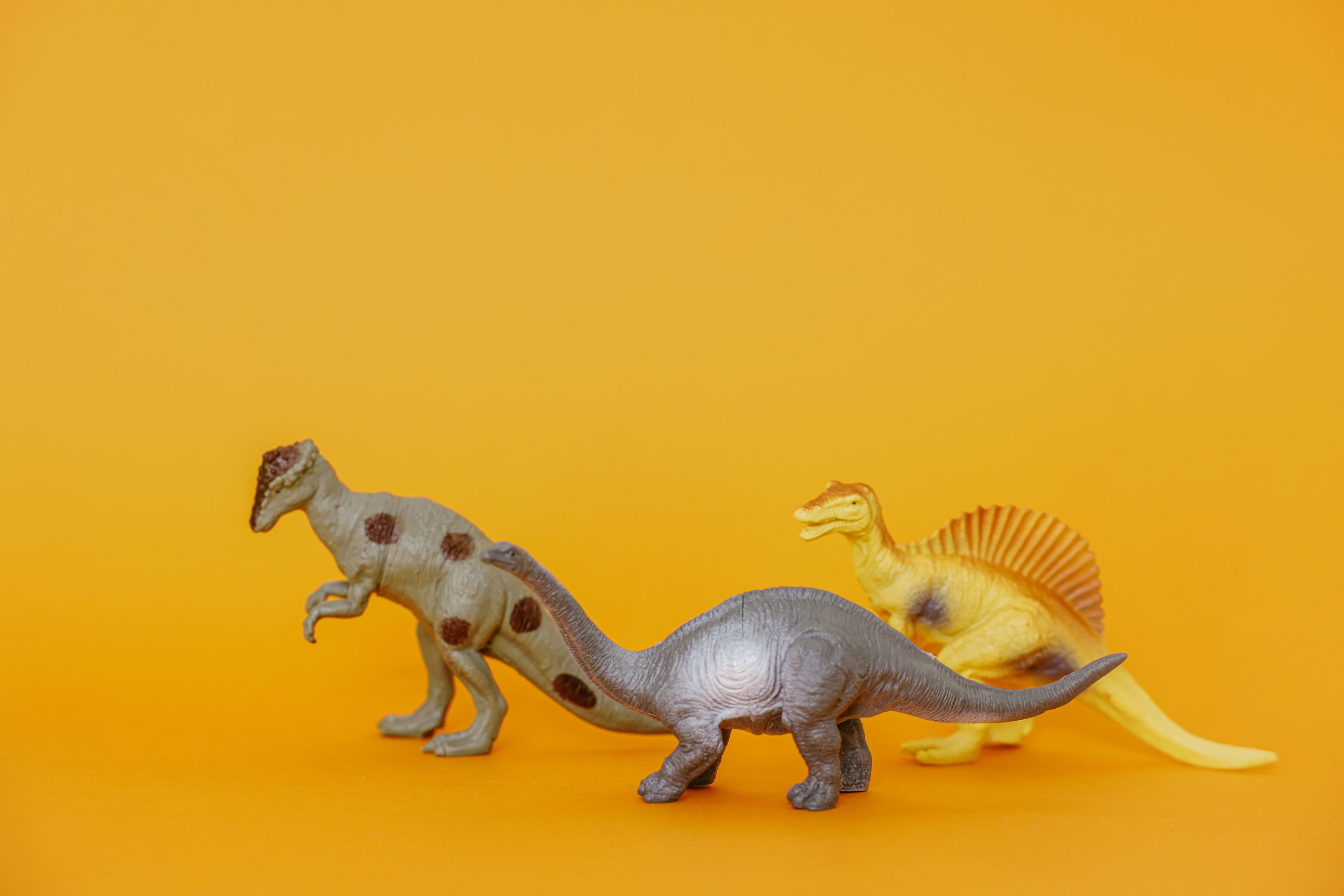 Trois figurines dinosaures jouet fond jaune